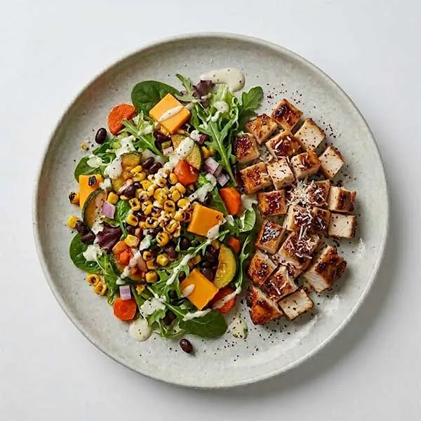 Bbq ranch chicken salad with cheddar and greens